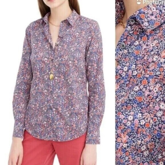 J. Crew Liberty Print Kayoko Indigo Sunset Floral Perfect Shirt - Size 00 - Picture 2 of 10